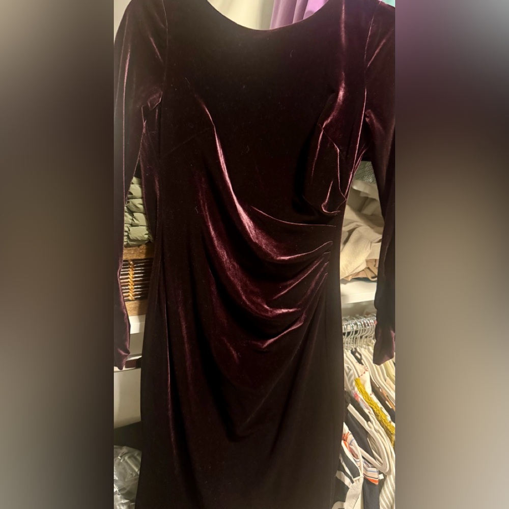 Vince Camuto Asymmetrical Velvet Dress in Rich Burgundy